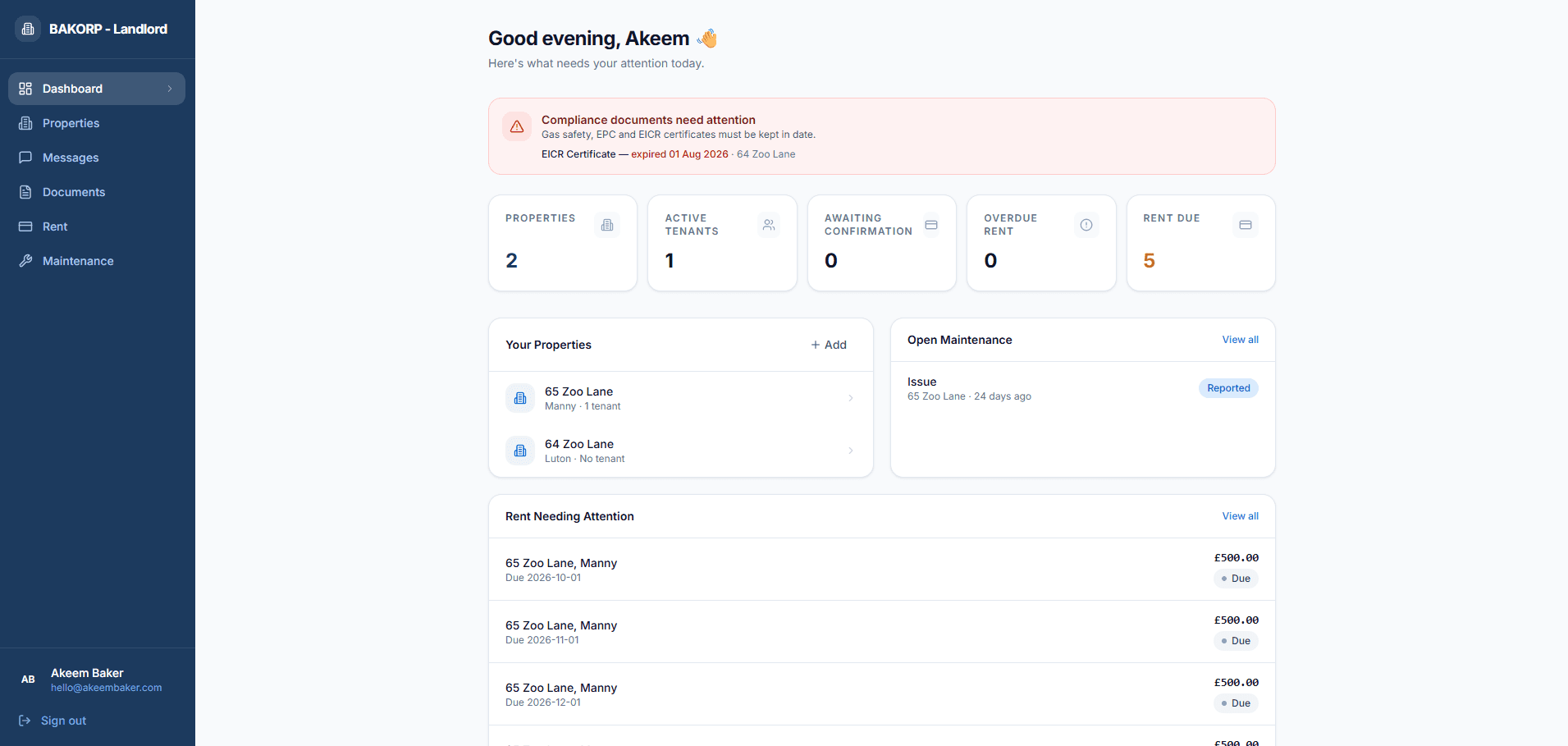 The Landlord App dashboard: an expiring-certificate alert at the top, summary tiles for properties, tenants and rent, then lists of properties, open maintenance and rent needing attention.